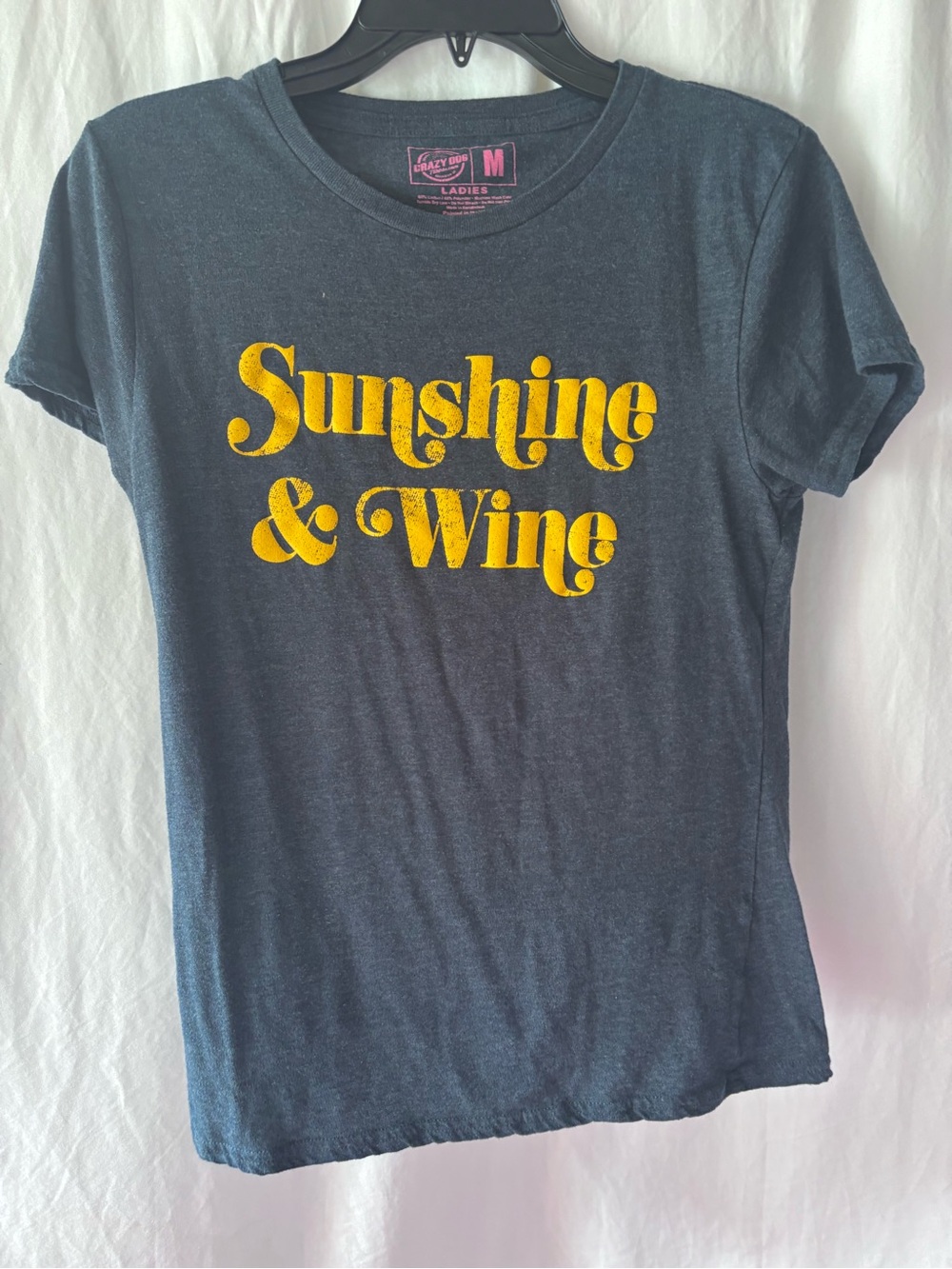 Crazy Dog T-Shirts Navy Tee with Yellow "Sunshine & Wine" Graphic